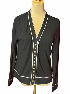 Bella Jane Black White Trim Button Front Cardigan Sweater Medium
